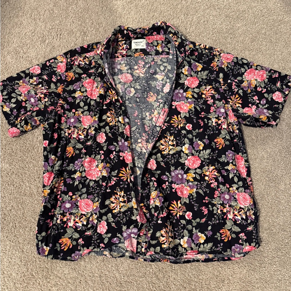 Floral Button Down Shirt - Black and Pink